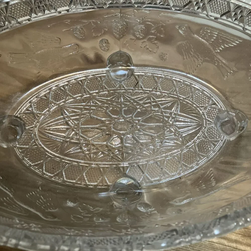 Antique EAPG Indiana Glass Footed Bowl + Creamer Set Birds Strawberries Pattern